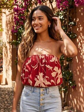 Express size XS Red Tan Hawaii Floral y2k Strapless Tube Top Cropped Elastic